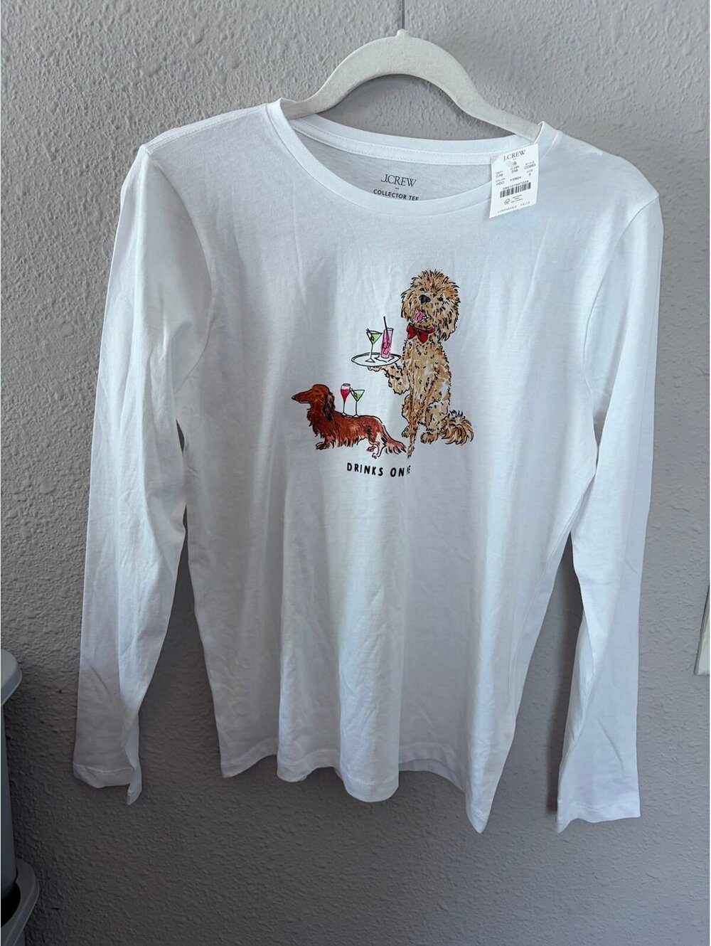 NWT J.Crew Collector Tee White Long Sleeve Drinks On Me size S women's